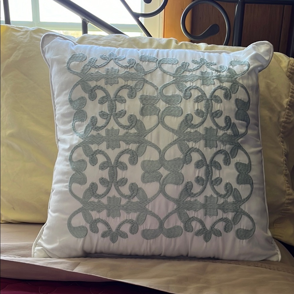 16" White Pillow with mint Green Embroidery